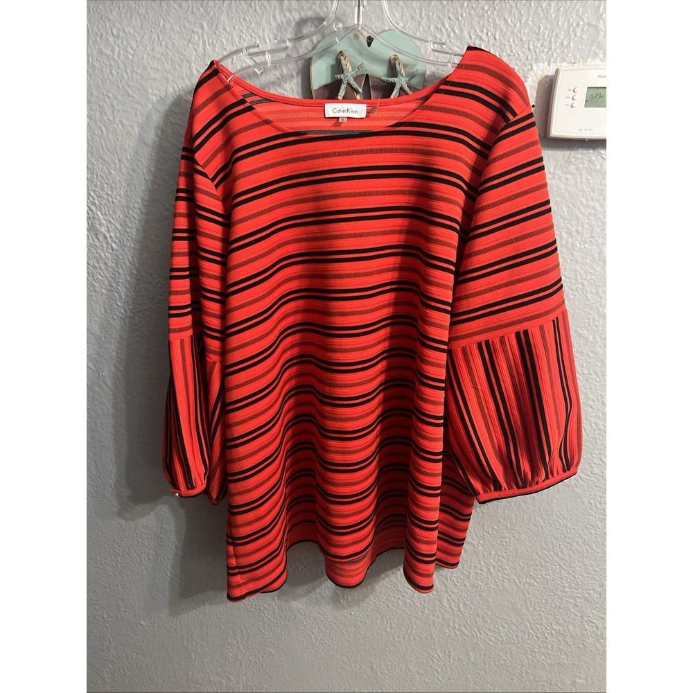 Calvin Klein Short Sleeve Top Red Black Stripes Size 3X Women